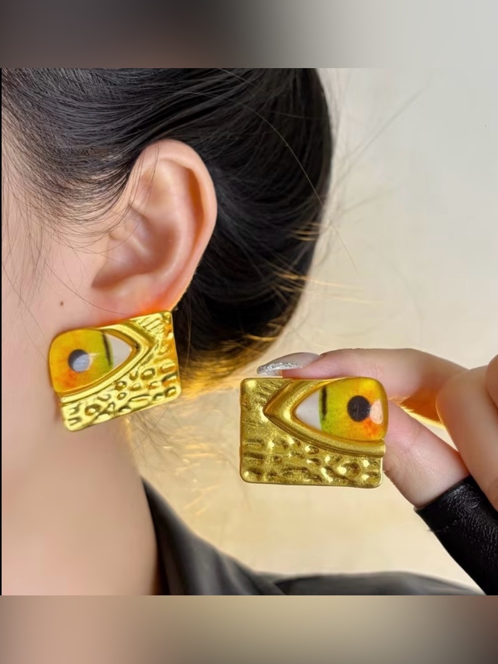 Schiaparelli Inspired Gold Eye Motif Rectangle Stud Earrings